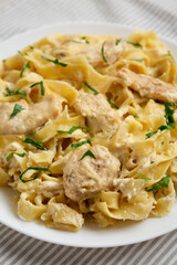 Homemade Chicken Fettuccine Alfredo on a white plate, low angle view. Close-up.