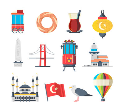Turkey landmarks. Travellers set of istanbul cultural objects and muslim buildings national mosque vector pictures collection. Illustration istanbul landmark, turkey culture travel