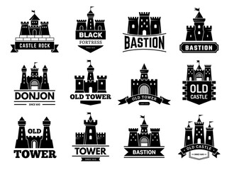 Fototapeta Ancient castles logo. Medieval fortress with towers vector badges or logotypes set. Illustration castle logotype, logo bastion collection obraz