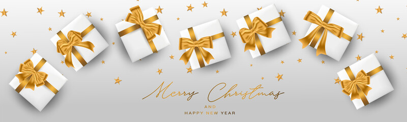 Fototapeta na wymiar Merry Christmas and a Happy New Year banner or header. Simple luxurious elegant design with golden stars, gift box - presents. Winter holidays concept. Vector illustration.