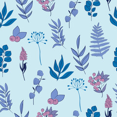 Seamless pattern with plants, leaf, berries and flowers in blue color. Editable vector illustration