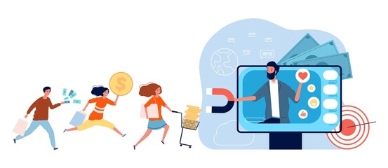 Trade marketing. Attracting clients and customers, people run to shopping with money. Man give online advertising and attract shoppers vector concept. Marketing shopping promotion illustration