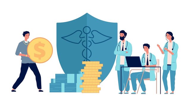 Healthcare Investment. Man Holding Money, Doctors Get Grants. Medicine Profit, Volunteer Donation To Hospital Vector Concept. Healthcare Concept Doctor With Money, Investment In Medical Illustration