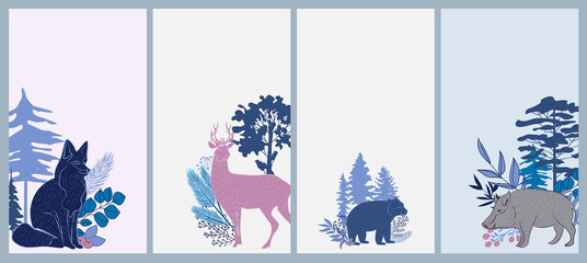 Winter Holidays vertical background collection with plants, forest nordic animals in Scandinavian style. Editable vector illustration.