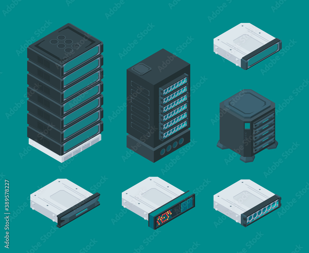 Poster computer data storage shelves. server equipment it technology network hardware tools router vector i
