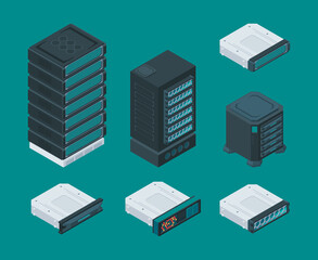 Computer data storage shelves. Server equipment it technology network hardware tools router vector isometric set. Storage data, module unit computer, rack isometric equipment illustration