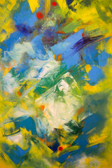 Obraz na płótnie Canvas Paint on Canvas: Abstract Art in Yellow, Green and Blue Colors - Background