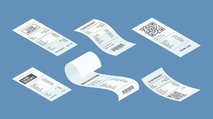 Payment check isometric. Buying financial invoice bill purchasing calculate pay vector set. Illustration check payment, pay approved