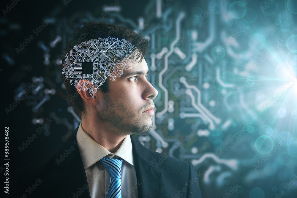 Poster artificial intelligence concept. electronic circuit in human brain. side view of man looking to ligh