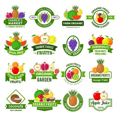 Fruits logos. Decoration badges with healthy fruits fresh farm eco natural products market ads vector symbols. Badge organic healthy farm food, emblem label natural illustration