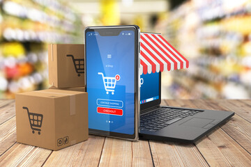 Laptop, smartphone and shipping boxes on table and shop interior in background - 3d illustration