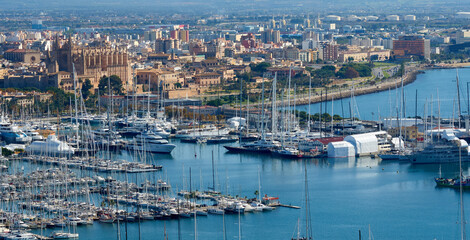 Panoramic view of the port of Palma de Mallorca with the cathedral