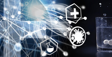 Water soluble tablets. The medicine is soluble. Anti-hangover. Effervescent tablets in a glass.