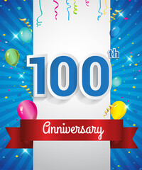 Celebrating 100th Anniversary logo, with confetti and balloons, red ribbon, Colorful Vector design template elements for your invitation card, flyer, banner and poster.