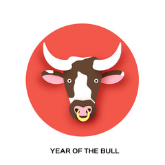 Bull in paper cut style on red background. Farm animals. Cow, ox.