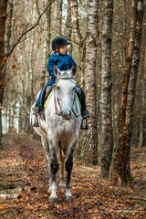 Little boy in a jockey cap on a white adult horse on a background of nature. Jockey, hippodrome,...