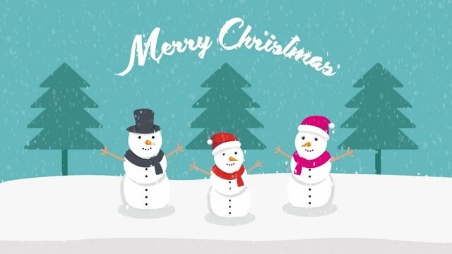 Three snowmen standing with merry christmas text