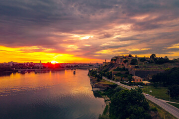 aerial view of city at sunset