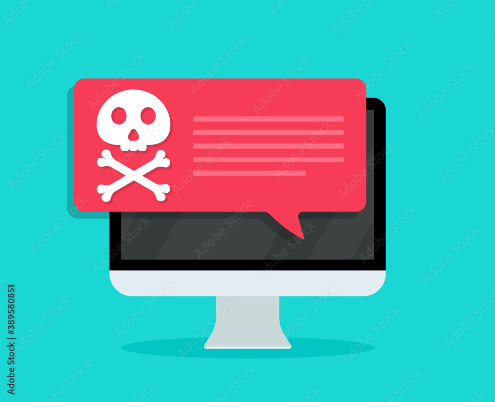Aufkleber virus in computer screen. icon of malware and scam. alert of email spam. attack of ransomware, inter