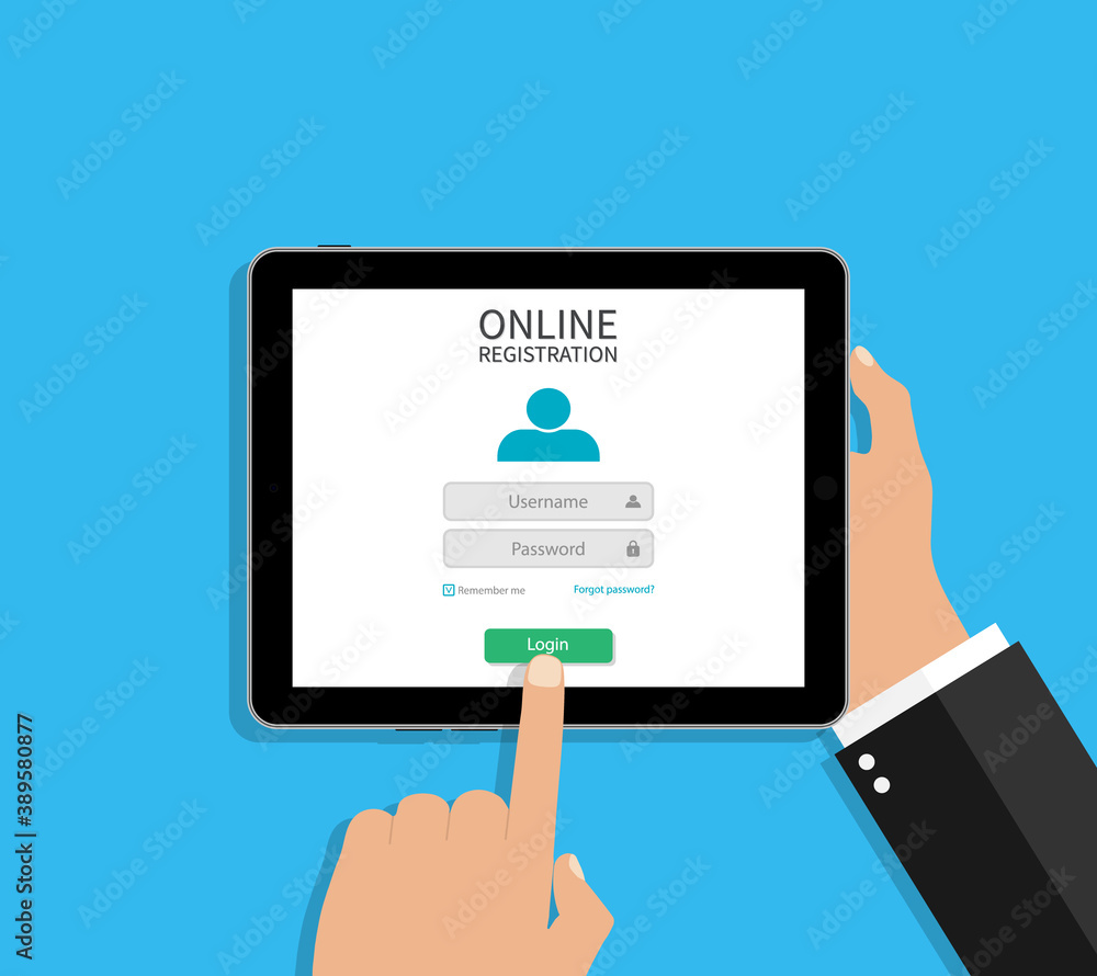 Poster online registration of account with login, password. form of register in tablet for elearning. table