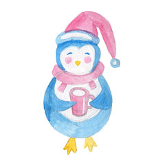 hand drawn penguin watercolor illustration. little penguin in the snow