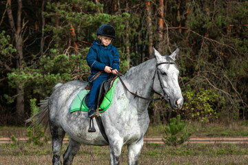 Little boy in a jockey cap on a white adult horse on a background of nature. Jockey, hippodrome, horseback riding