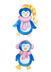 hand drawn penguin watercolor illustration. little penguin in the snow