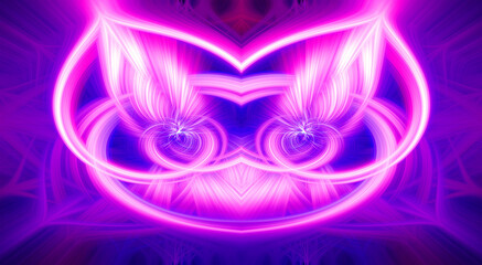 Beautiful abstract intertwined glowing 3d fibers forming a shape of sparkle, flame, flower, interlinked hearts and cat looking creature. Blue, maroon, pink, and purple colors. Illustration