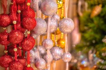 Red and white Christmas balls as an element of decoration walls for the new year
