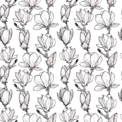 Sketch Floral Botany Seamless Watercolor Pattern. Magnolia flower drawings. Black and white with line art on white backgrounds.