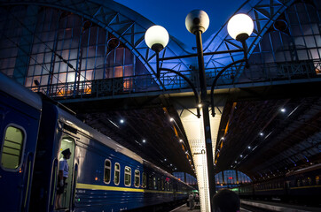 Night station in Lviv. Lanterns on the platform.