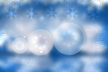 Fototapeta na wymiar Christmas card template. Abstract festive light blue white winter christmas or New Year background texture with blurred bokeh lights, balls and stars. Copy space for design.