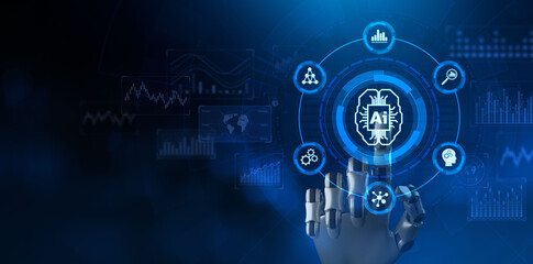 AI Artificial intelligence Cyborg hand pressing button on screen. Innovation technology concept.