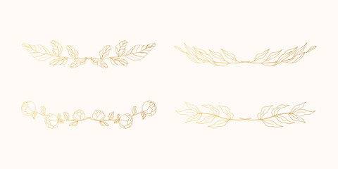 Set of floral page break laurels for invitations. Golden elegant branch dividers.  Vector isolated spring gold flourish borders.