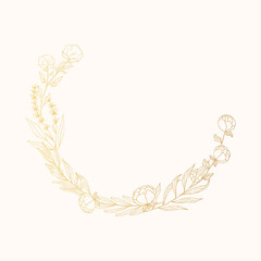 Obraz na płótnie Canvas Elegant botanical wreath for wedding invitations. Golden floral laurel with ornate branches and flowers. Vector isolated gold spring flourish border.