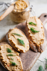 Toasts with pate and fresh dill. Healthy appetizer.