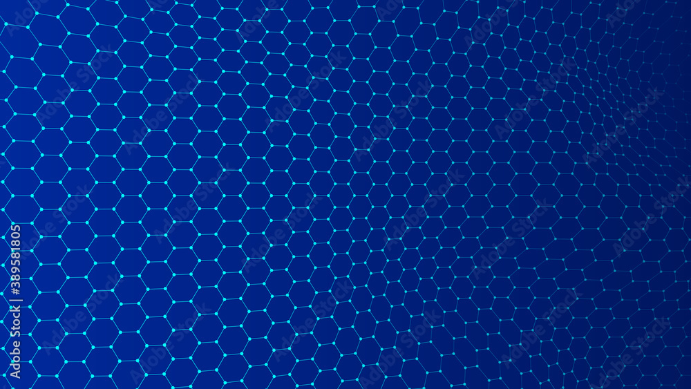 Poster abstract dynamic wave of points and lines. hexagon. big data. network of particles. digital backgrou