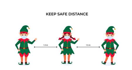Funny Christmas elves in protective face masks. Keep social distance. Preventive measures during the coronavirus pandemic coivd-19.