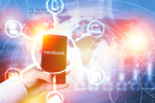 Neobank Fintech Concept with businesswoman touching the  screen