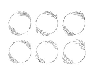 Set of hand drawn floral branch and herb golden wreaths. Flourish wedding borders for invitation card. Vector isolated gold elegant frames with leaves.