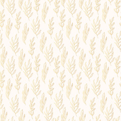 Gold color seamless pattern with floral branches. Golden rustic texture for wedding. Vector isolated spring flourish background for textile.