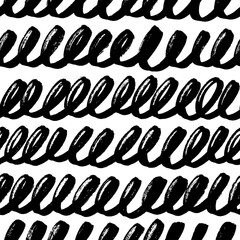Wavy grunge lines vector seamless pattern. Horizontal loopable brush strokes, swirls, curly lines. Black paint hand drawn background. Geometric ornament for wrapping paper. Dry brushstrokes pattern.