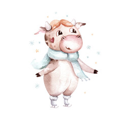 Watercolor cartoon bull illustration. Symbol of the year 2021. Funny and cute Bull. Christmas illustration.