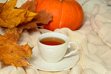 Autumn composition. Cup of tea with yellow and red leaves and pampkin on light background. Autumn  card, composition, mood. 