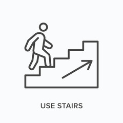 Fototapeta premium Man walking upstairs flat line icon. Vector outline illustration of use stairs. Career growth thin linear logo