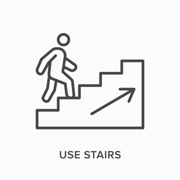 Man walking upstairs flat line icon. Vector outline illustration of use stairs. Career growth thin linear logo