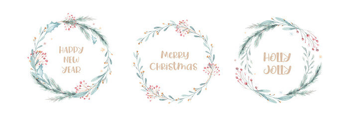 Hand drawn vintage wreath. Watercolor tree berry branches wreath. Winter vintage frame