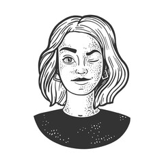 winking girl portrait sketch engraving vector illustration. T-shirt apparel print design. Scratch board imitation. Black and white hand drawn image.