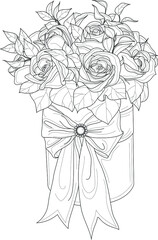 Realistic rose flower bouquet with leafs in box with bow sketch template. Vector illustration in black and white for games, background, pattern, decor. Print for fabrics. Coloring paper, page, book