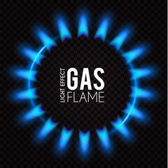Gas flame. Blue fire effect. Neon light on transparent background